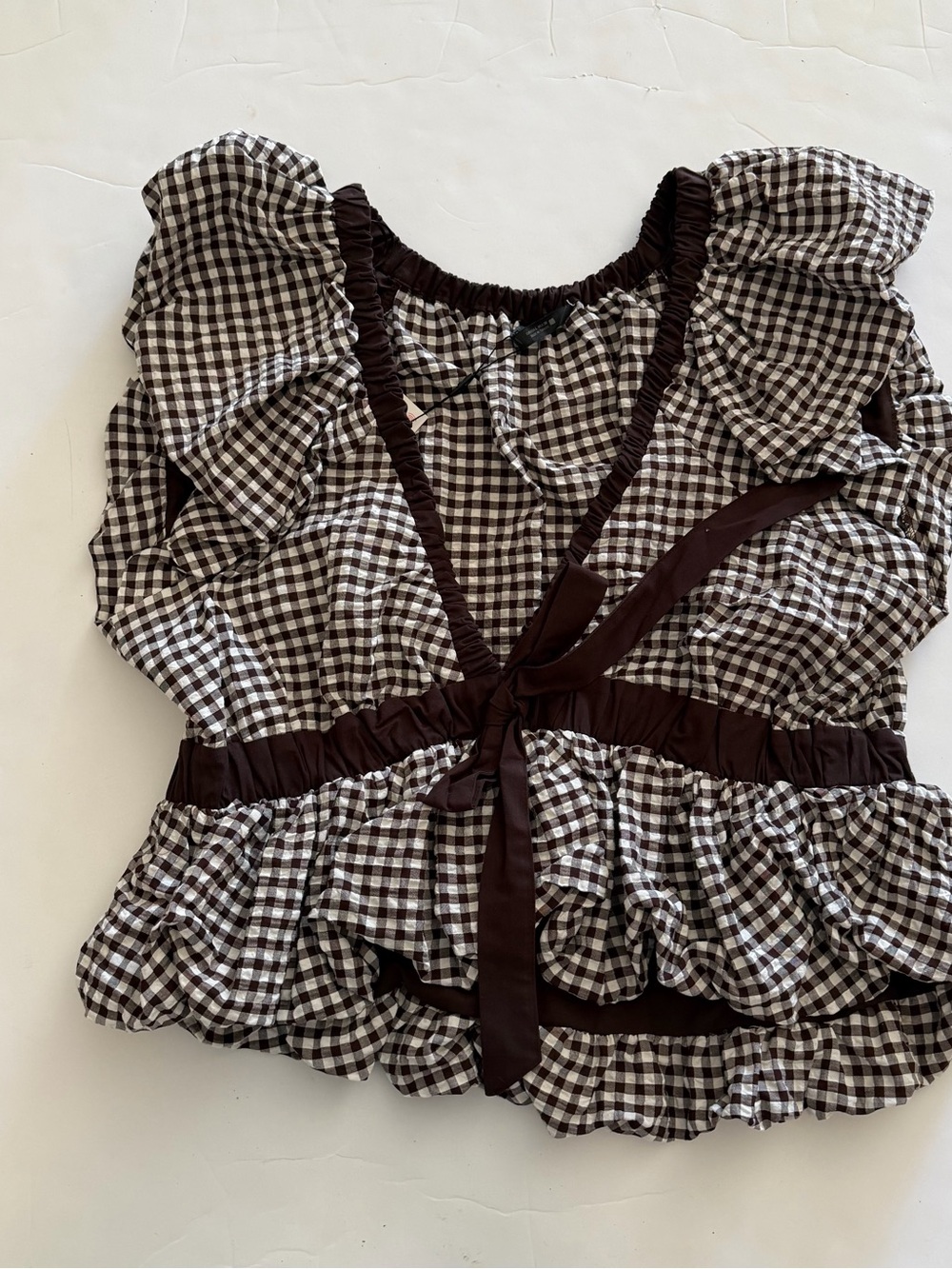 Zara Brown and White Gingham Ruffle Peplum Blouse